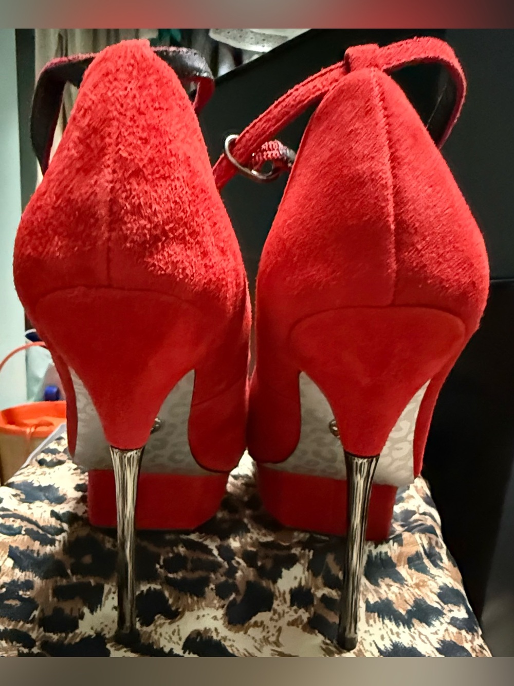 Betsy Johnson Women’s Red Suede Peep-Toe Platform Heels with Ankle Strap - Picture 4 of 11